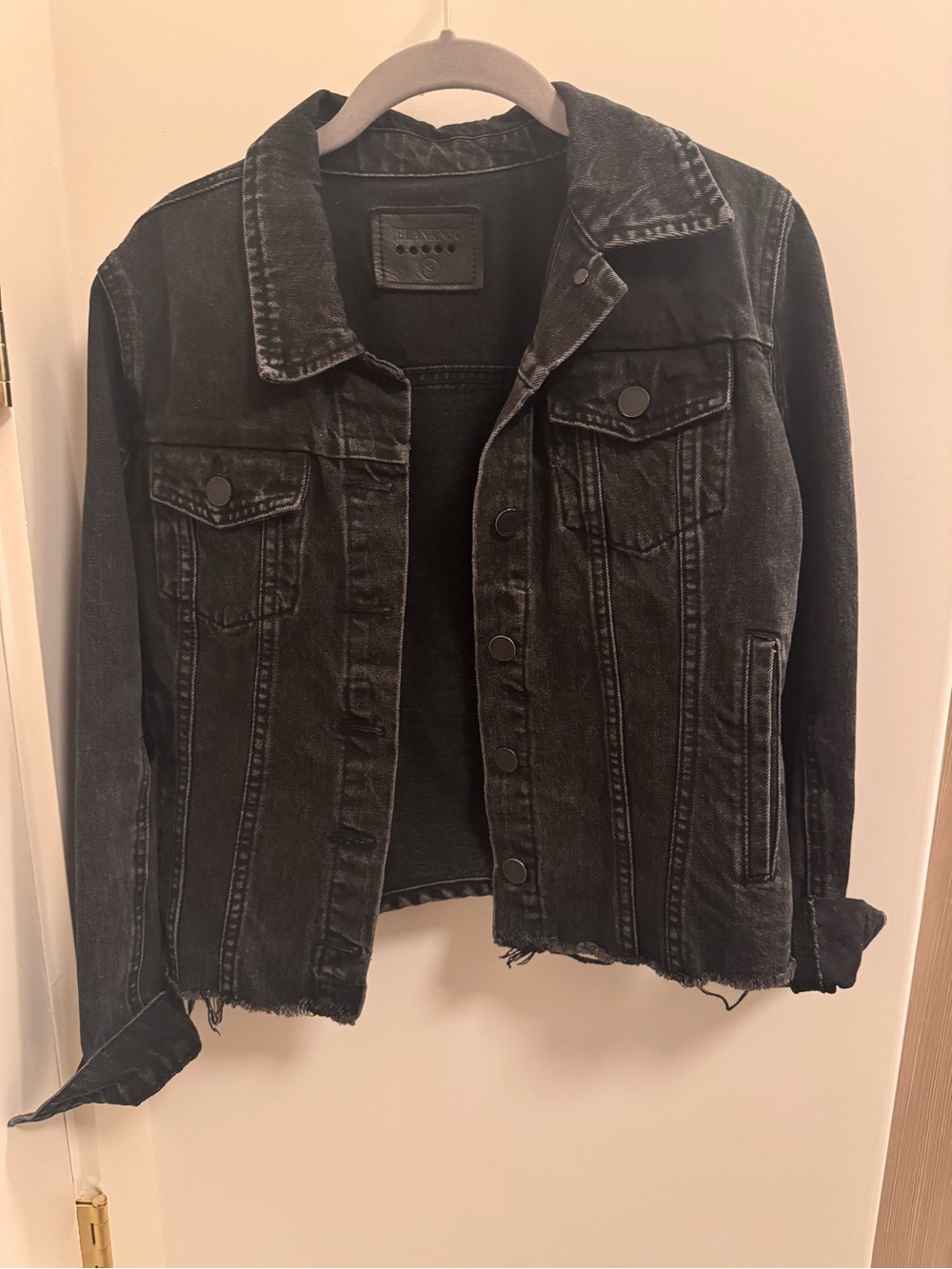 Black Distressed Denim Trucker Jacket Small Boxy‎ Frayed Hem Size Small
